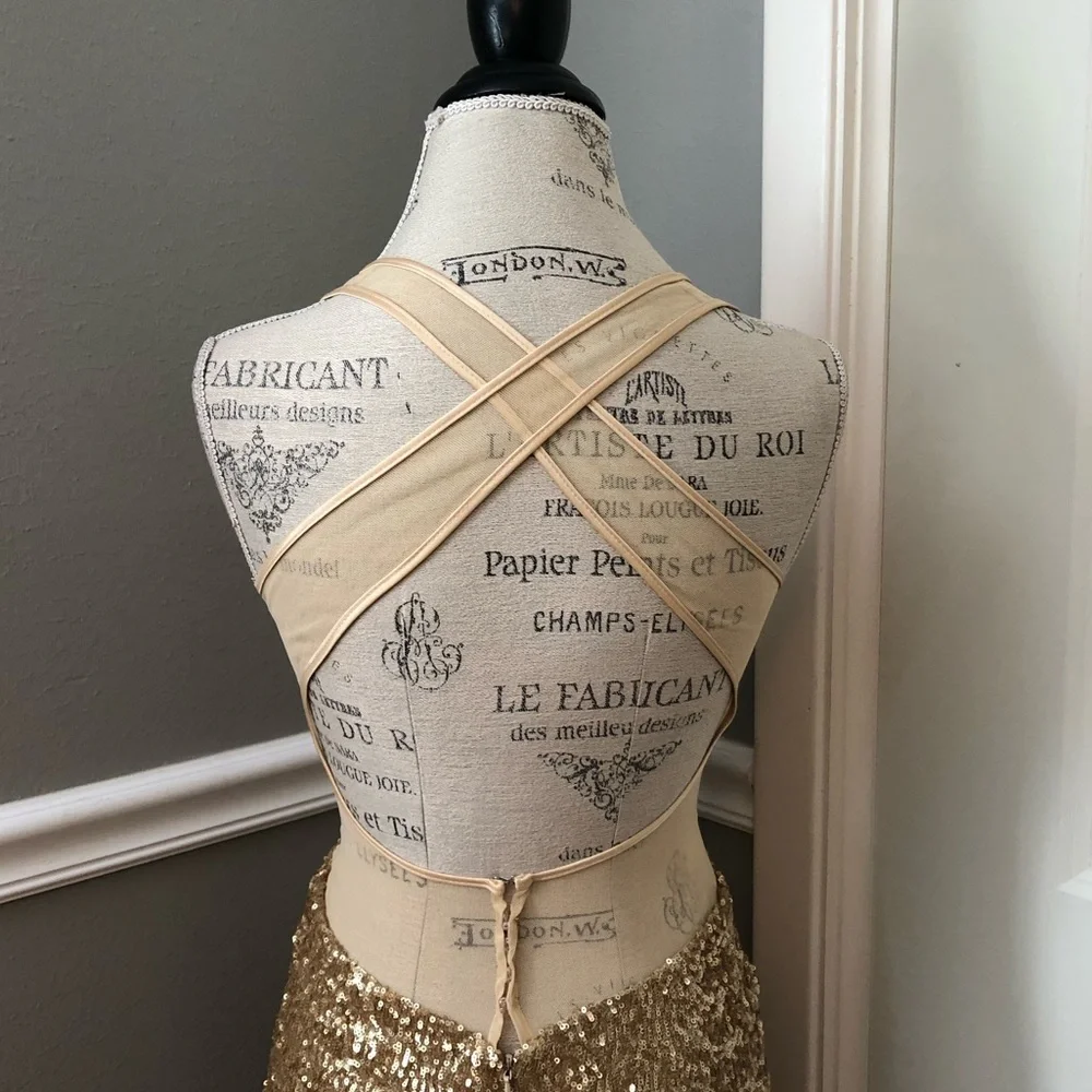 🔴CLEARANCE NEW FAVIANA SZ 4 GOLD NUDE ILLUSION SEQUIN STRAPLESS CUT OUT GOWN - Picture 7 of 12